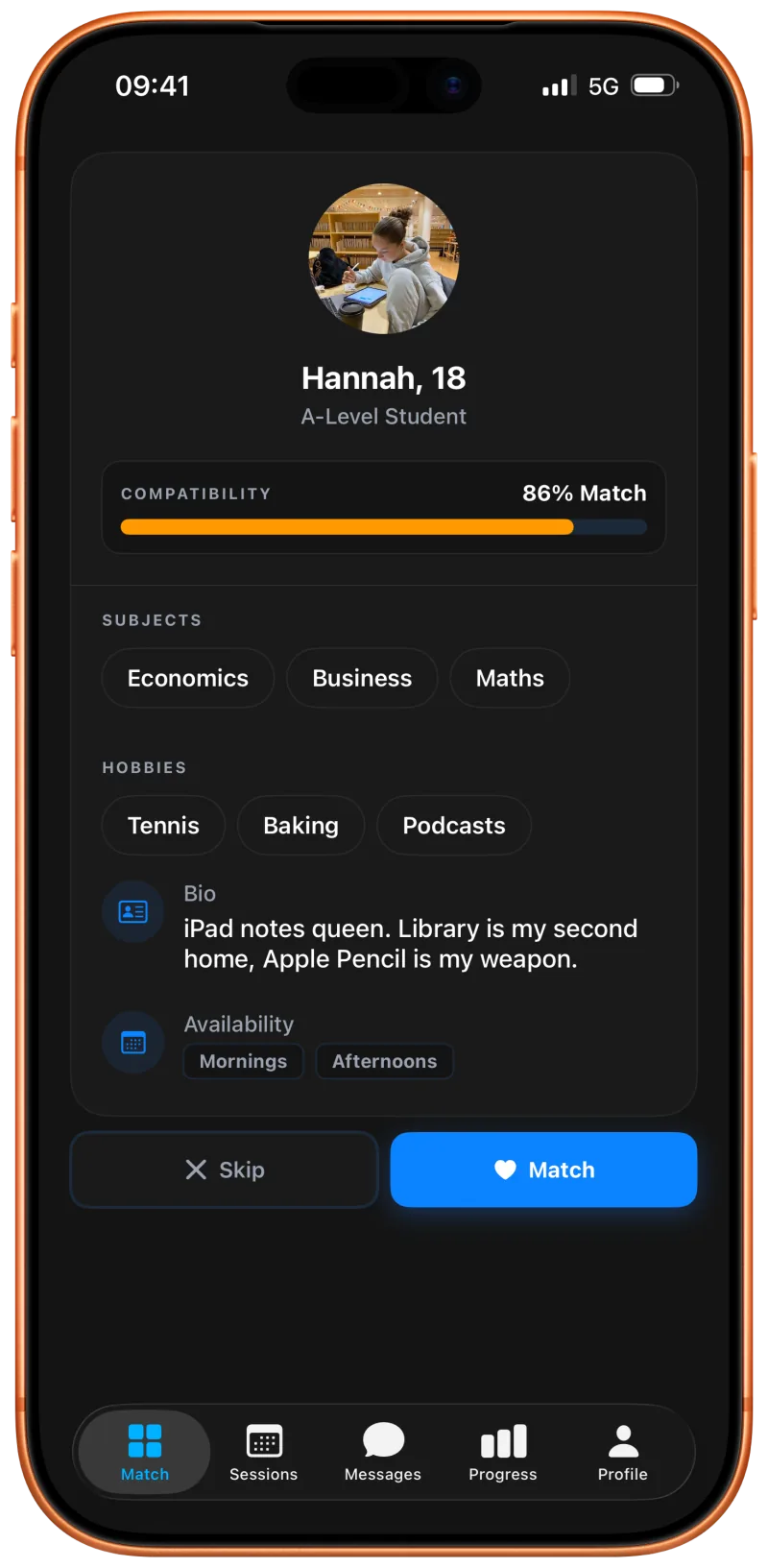 PairPal app preview showing a student profile